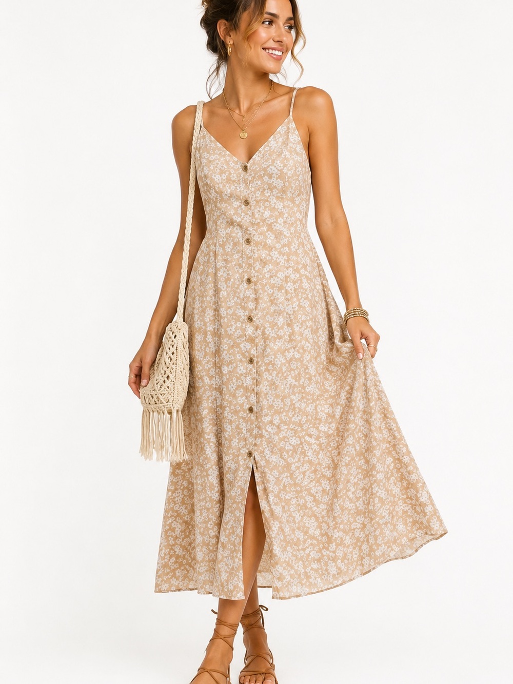 Sienna Sky Beige Floral Button Front Dress V Neck Ditsy Cottagecore Romantic XS